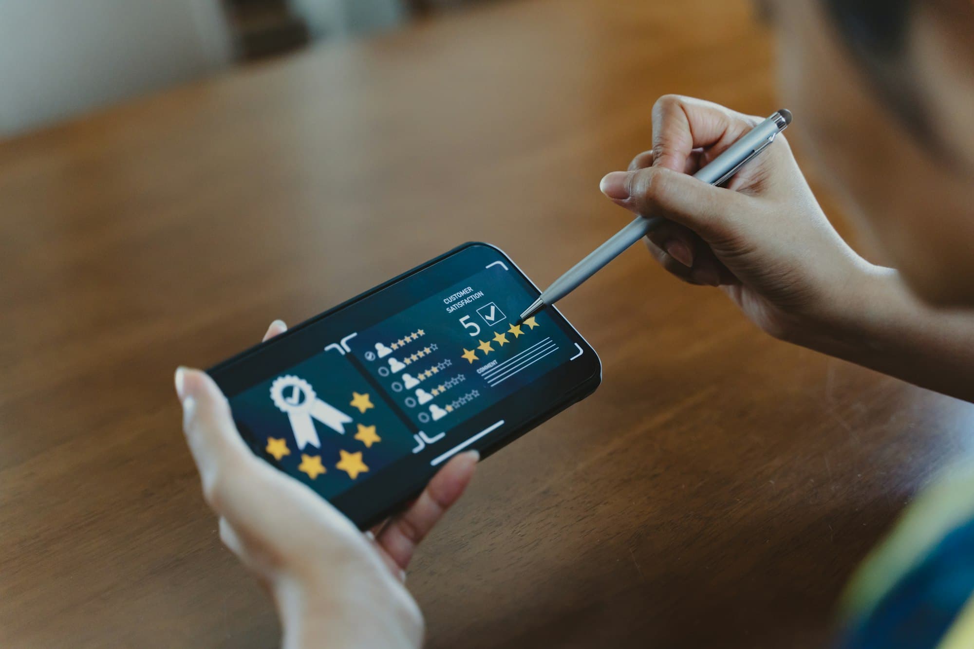 Customer review good rating concept, smile face and five star on screen for positive feedback.